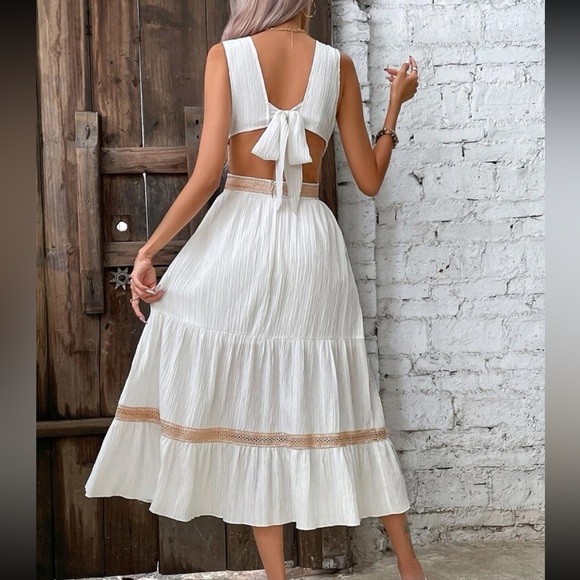 Hot Pink Sheer Lace Cut Out Ruffle Hem Tie Back Dress - Picture 8 of 13